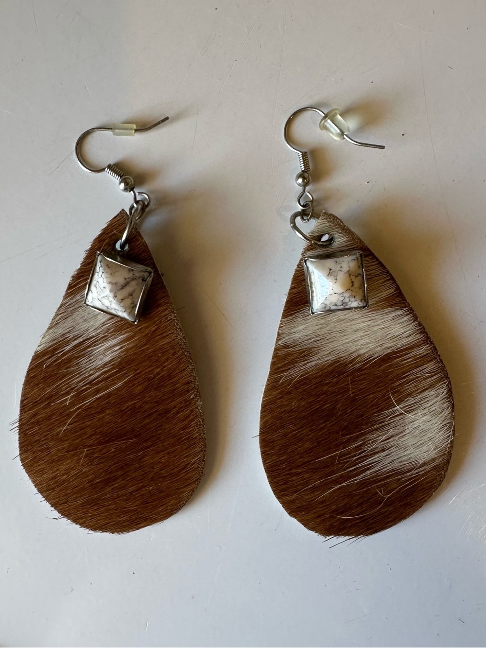 Handmade Brown and White Cowhide Teardrop Earrings